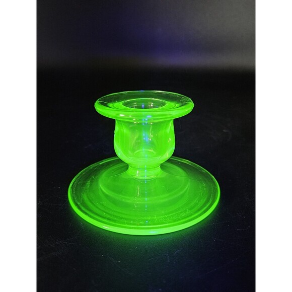 Vintage Vaseline Glass Candlestick Holder 2.5" Green Glow Glass - Picture 1 of 7